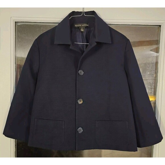 RALPH LAUREN BLACK LABEL Navy 3/4 Sleeve Crop Jacket Pea Coat Womens 14 purple - Picture 1 of 7